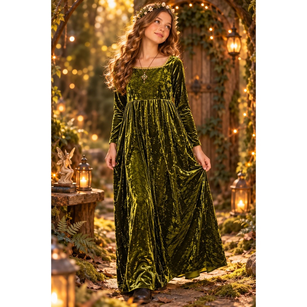 Storybook Heirlooms Girls Green Crushed Velvet Maxi Dress Gold Trim Size 10 USA